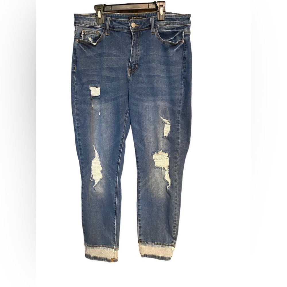 Judy Blue Sz 13/31 Blue Denim Distressed Shredded Slim Fit Stretch Boho Jeans